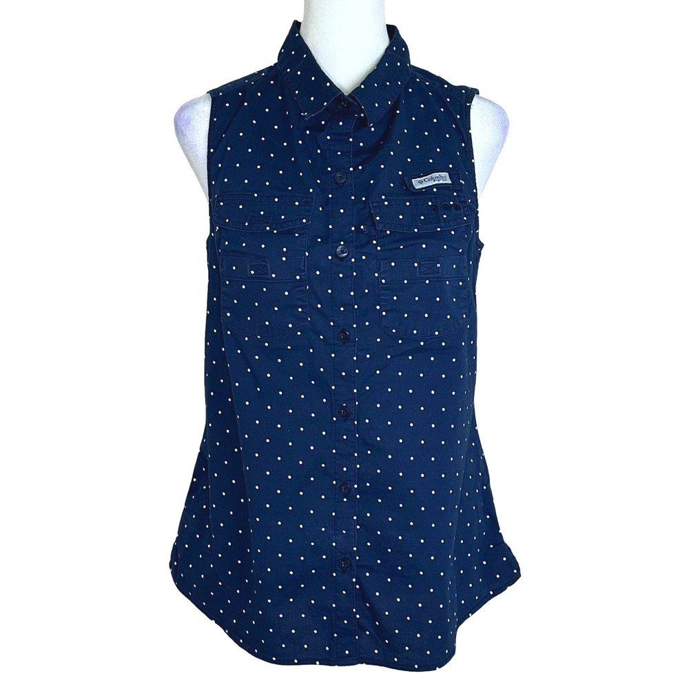 Columbia PFG Sleeveless Button Down Shirt Navy Blue Polka Dot Womens Small